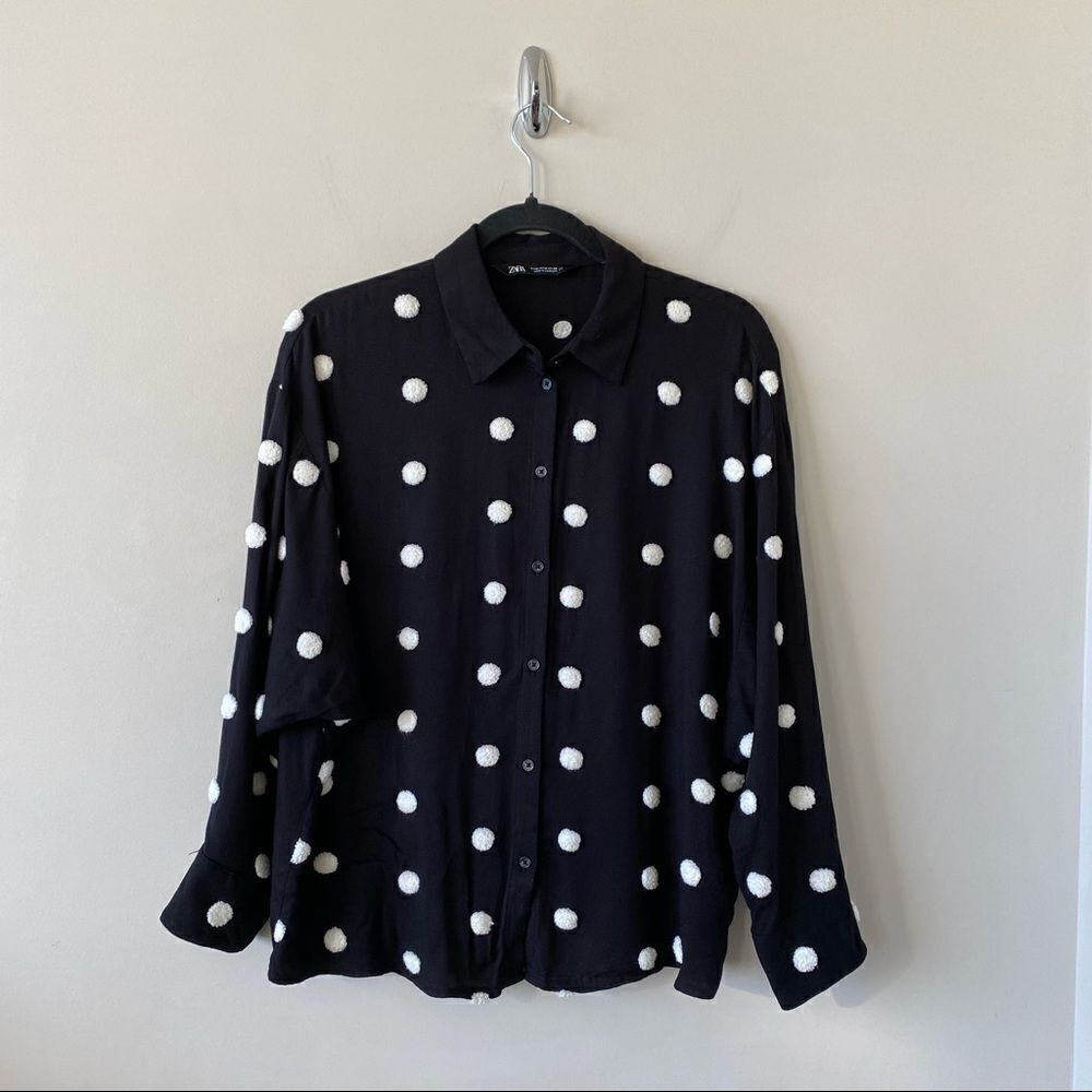 Zara-fuzzy Embroidered Puff Ball Long Sleeve Lightweight Button Down (Medium)